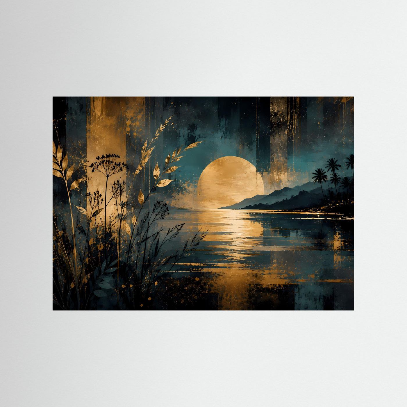 Poster im Querformat ohne Rahmen: tropische Küste mit untergehender Sonne, Meer und Palmen.