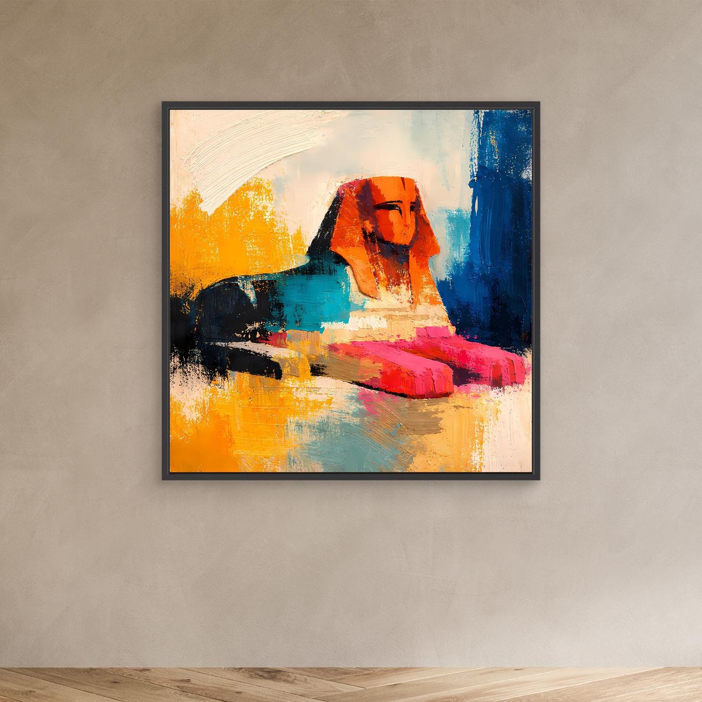 Abstract sphinx canvas wall art with orange and blue paint strokes; black frame