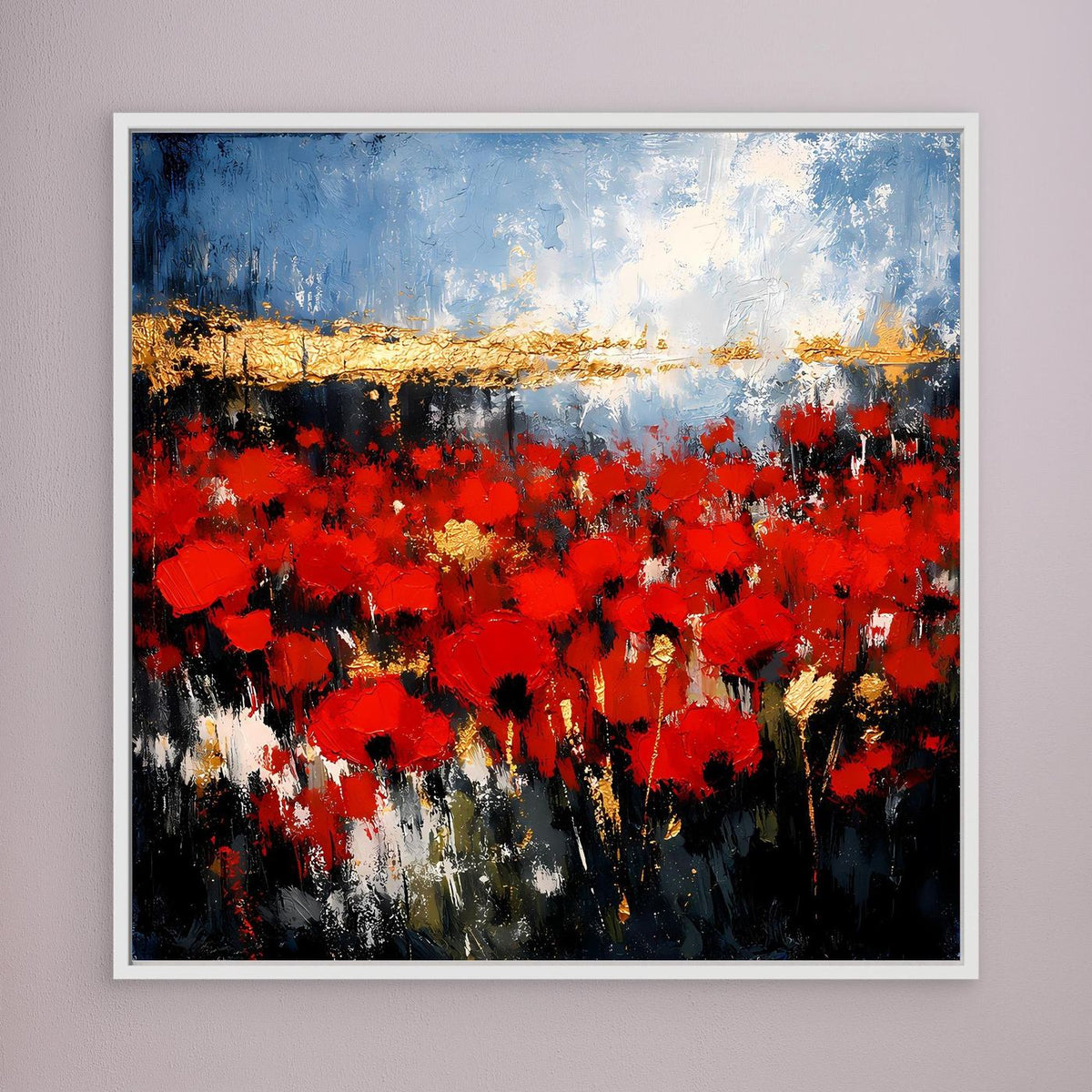 Abstraktes Wandbild: rote Blumen im Vordergrund, Blau und Gold, weißer Rahmen