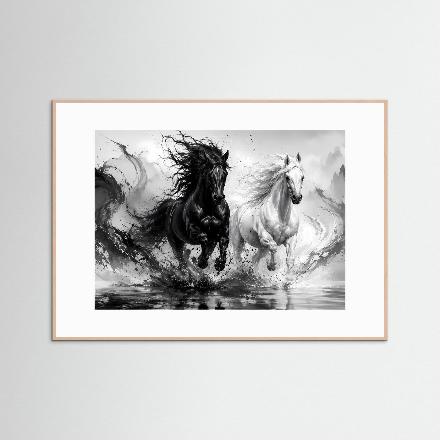 Schwarz Weiß Pferde Poster | Yin Yang Pferde Wandbild | Galoppierende Schwarze und Weiße Pferde | Moderne Abstrakte Pferdekunst