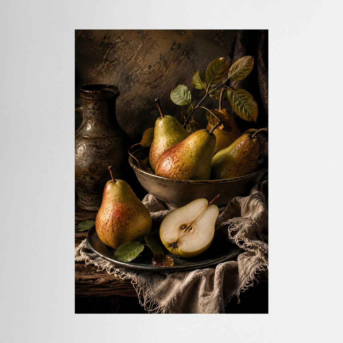 Poster mit Birnen-Stillleben: Birnen, Keramikvase und angeschnittene Birne in Schale