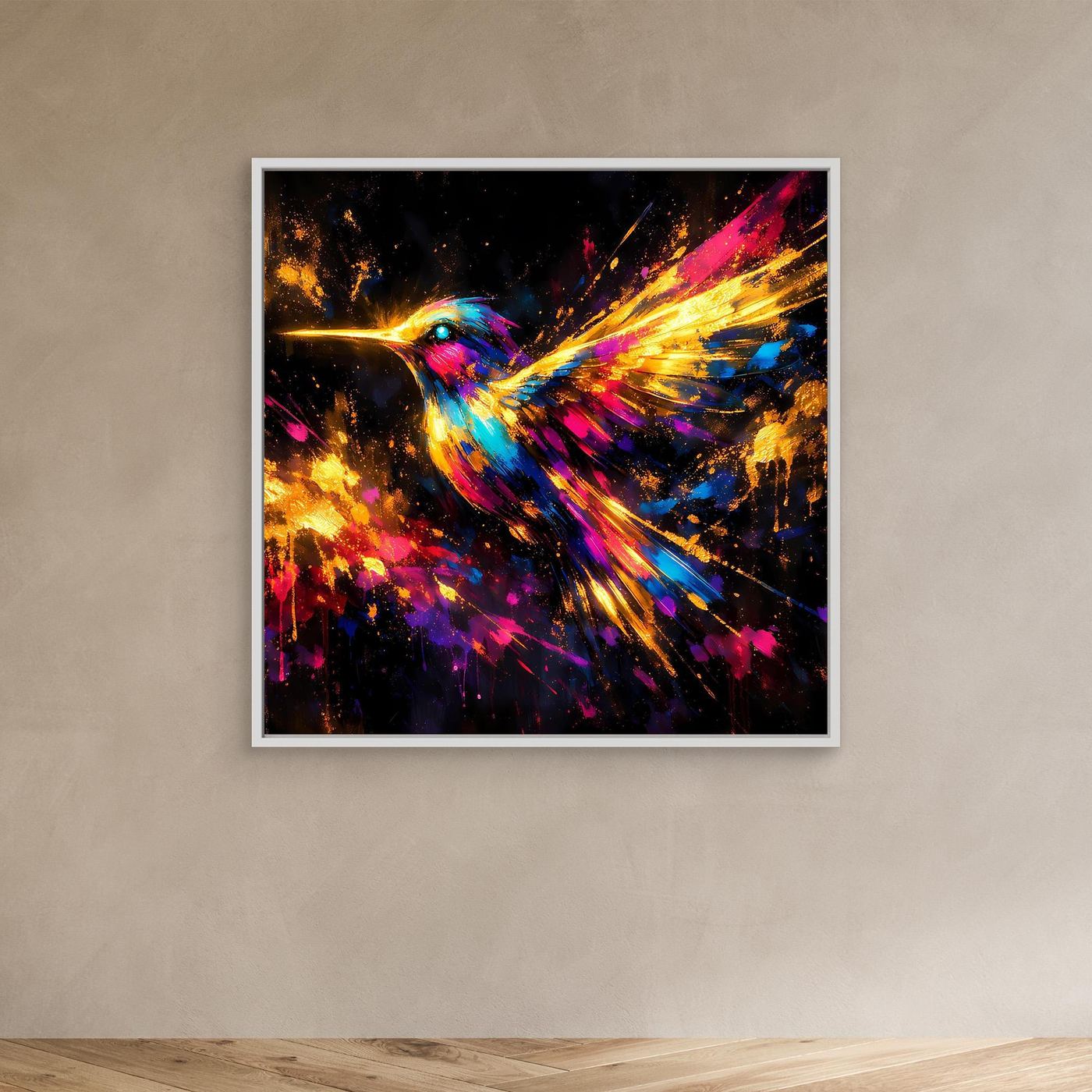 Leinwand Farbenfroher Kolibri im Flug | Abstraktes Modernes Wandbild Bunt