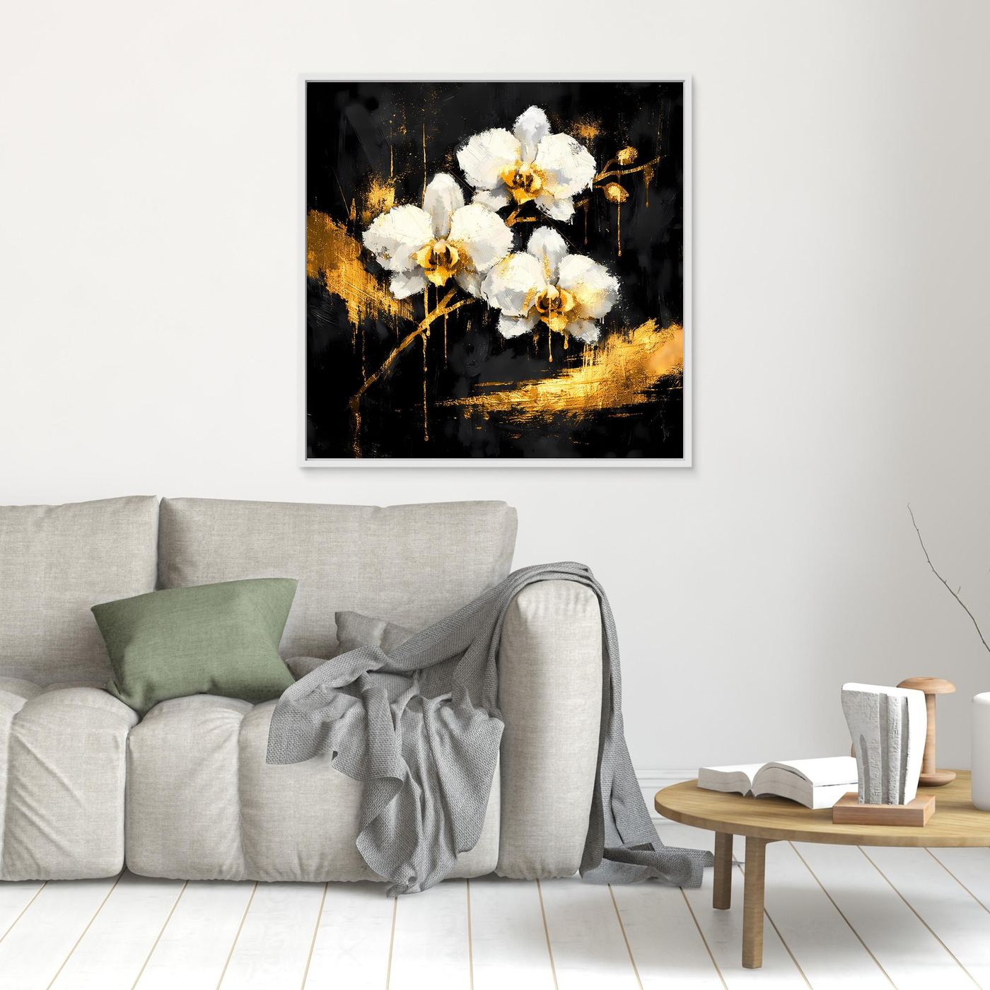 Leinwand Elegante Orchideen in Gold und Schwarz | Modernes Florales Luxus Wandbild