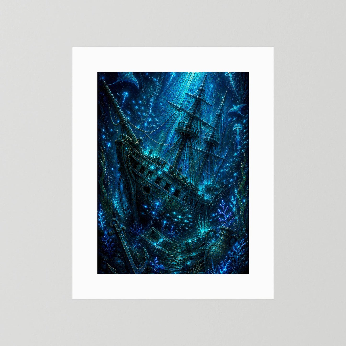 Kunstposter ohne Rahmen, Geisterschiff-Motiv in leuchtendem Blau, weißes Passepartout