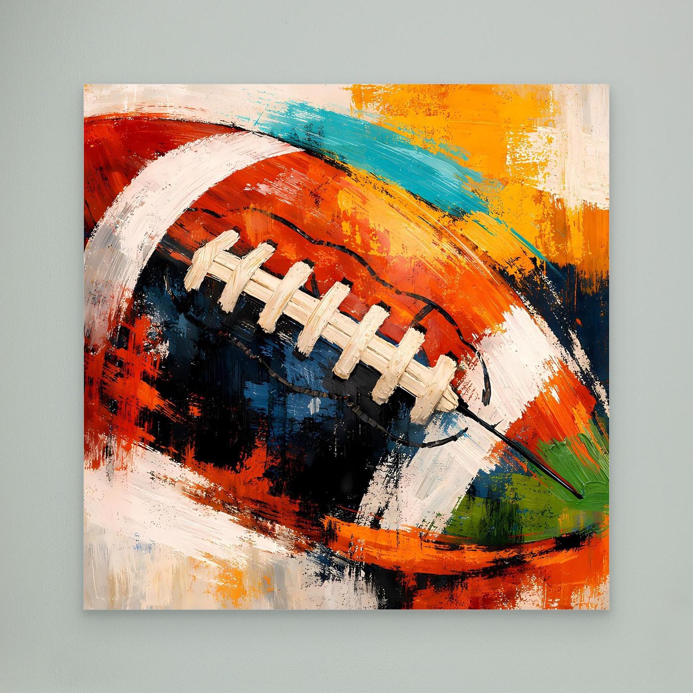 Leinwandbild: abstraktes Football-Motiv in Rot/Blau/Orange, ohne Rahmen