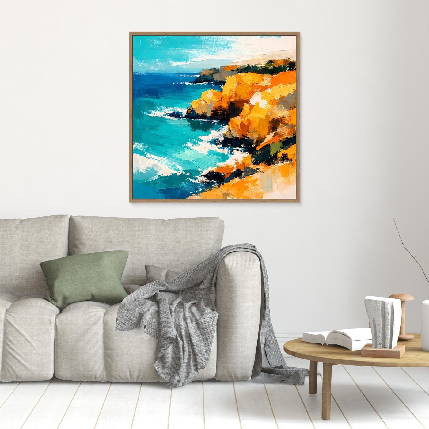 Leinwand Abstraktes Steilküsten Gemälde | Modernes Mediterranes Meeres Wandbild Blau Gelb
