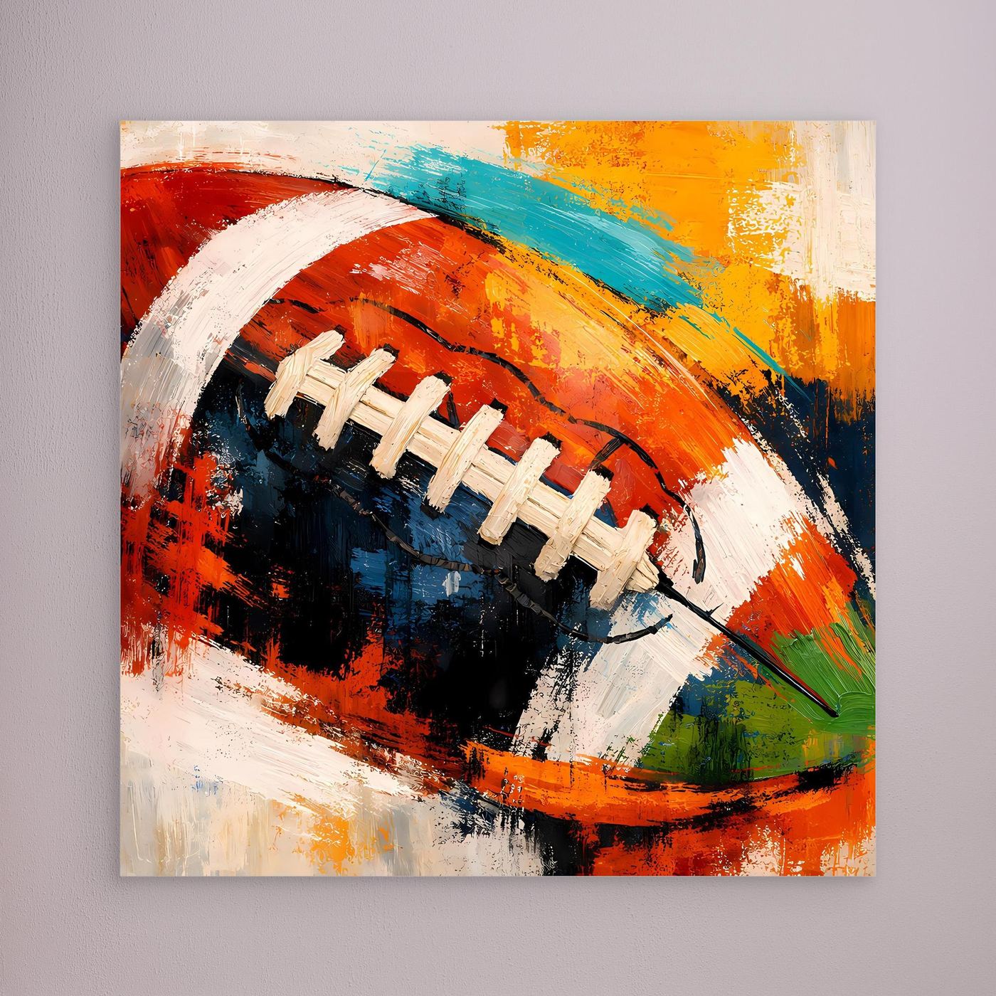 Leinwandbild: abstraktes Football-Motiv in Rot/Blau/Orange, ohne Rahmen