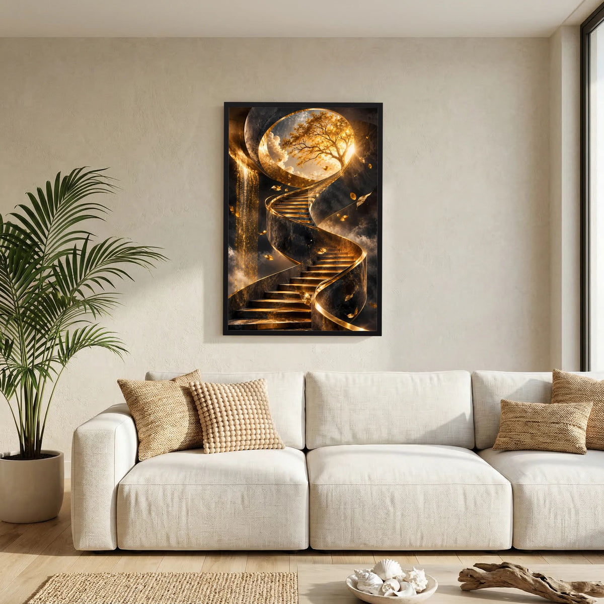 Kunstposter mit goldener Wendeltreppe und Baum im Kreislicht im schwarzen Rahmen