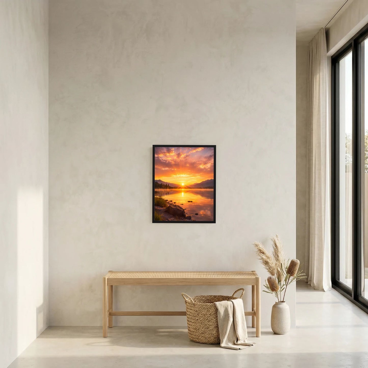 Gerahmtes Poster im Hochformat mit Sonnenuntergang am Bergsee und heller Reflexion im Wasser
