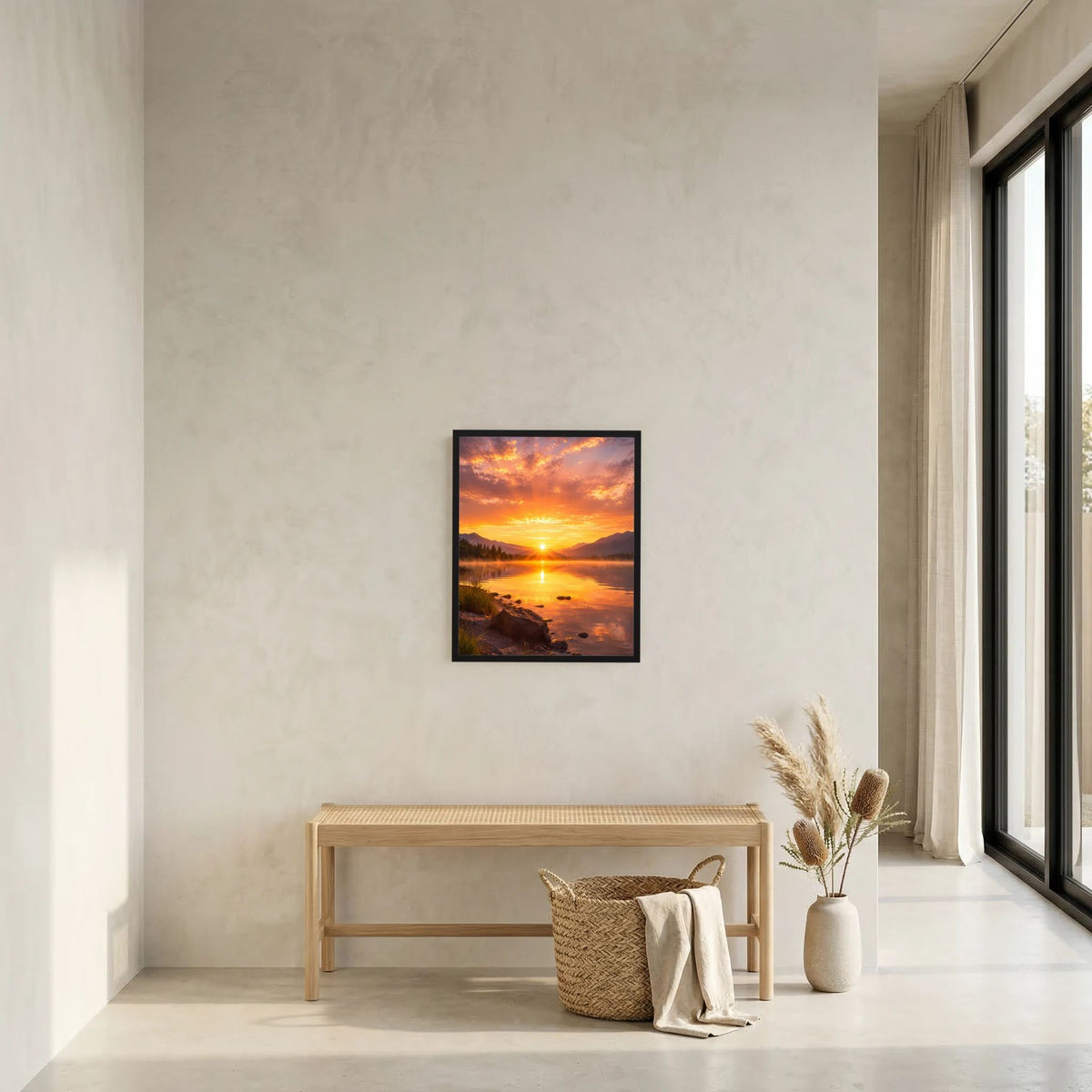 Gerahmtes Poster im Hochformat mit Sonnenuntergang am Bergsee und heller Reflexion im Wasser