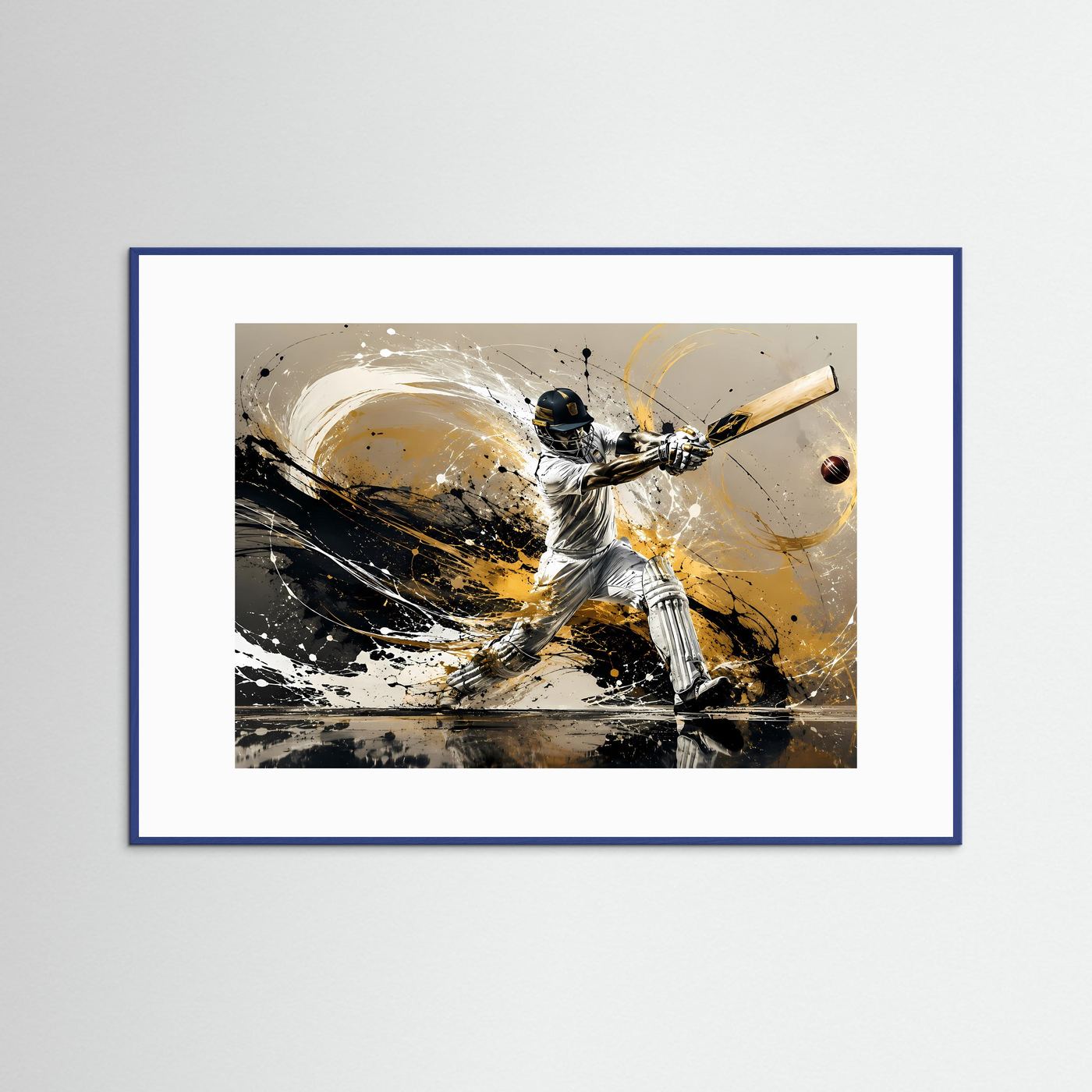 Cricket-Poster im blauen Rahmen mit weißem Passepartout