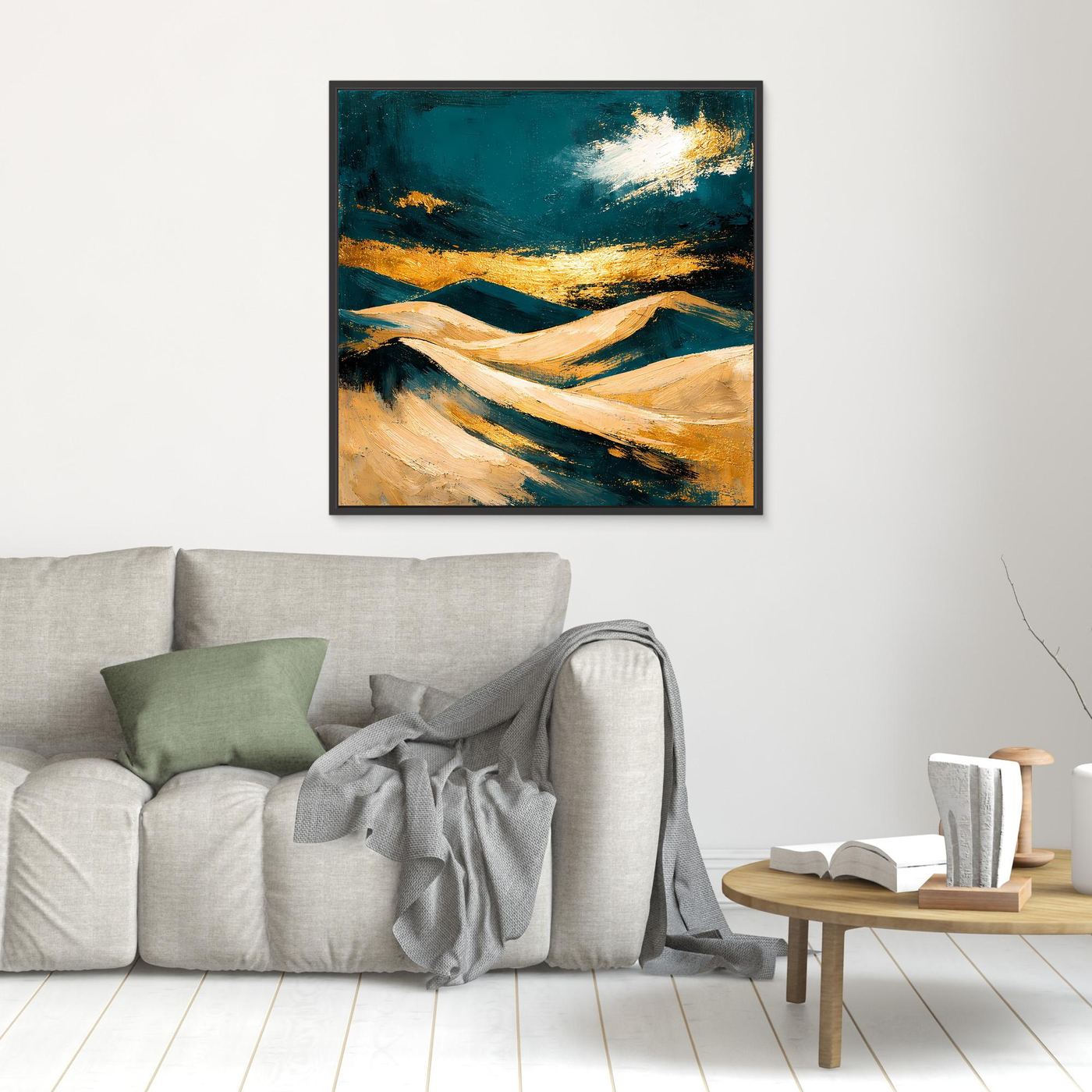 Wandbild mit abstrakter Dünenlandschaft in Petrol, Beige und Gold, dunkelgrauer Rahmen