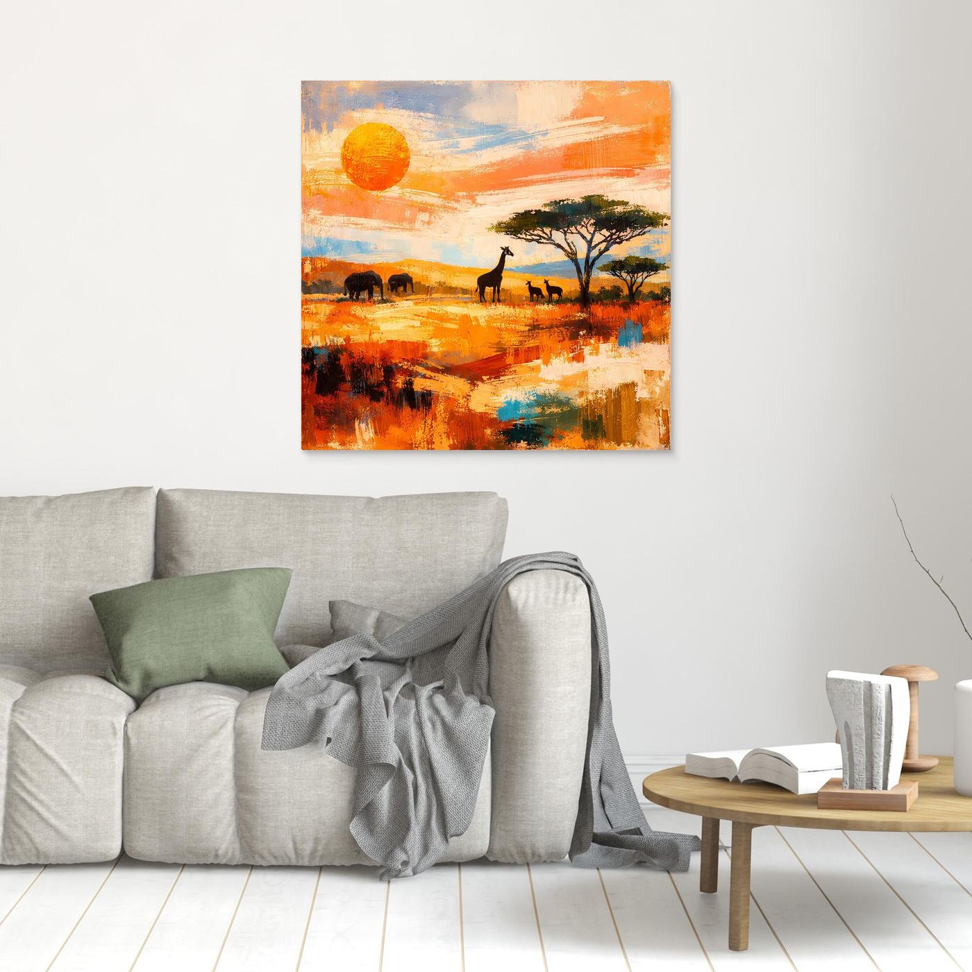 Kleines Wandbild auf Leinwand mit afrikanischer Savanne: Giraffe, Elefanten, orangefarbene Sonne.