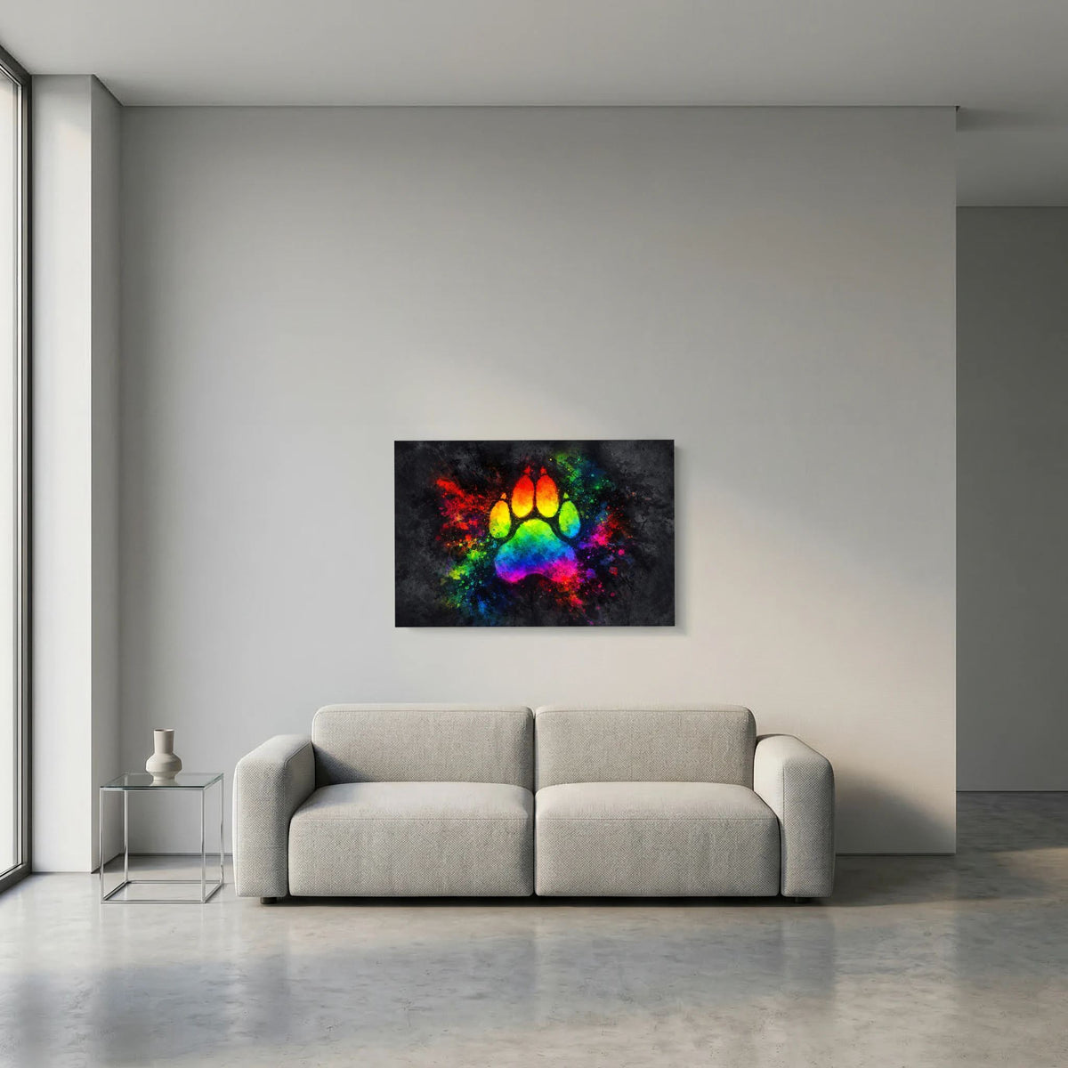 Wandbild mit Regenbogen-Pfotenmotiv im dunklen Rahmen, kleines Querformat