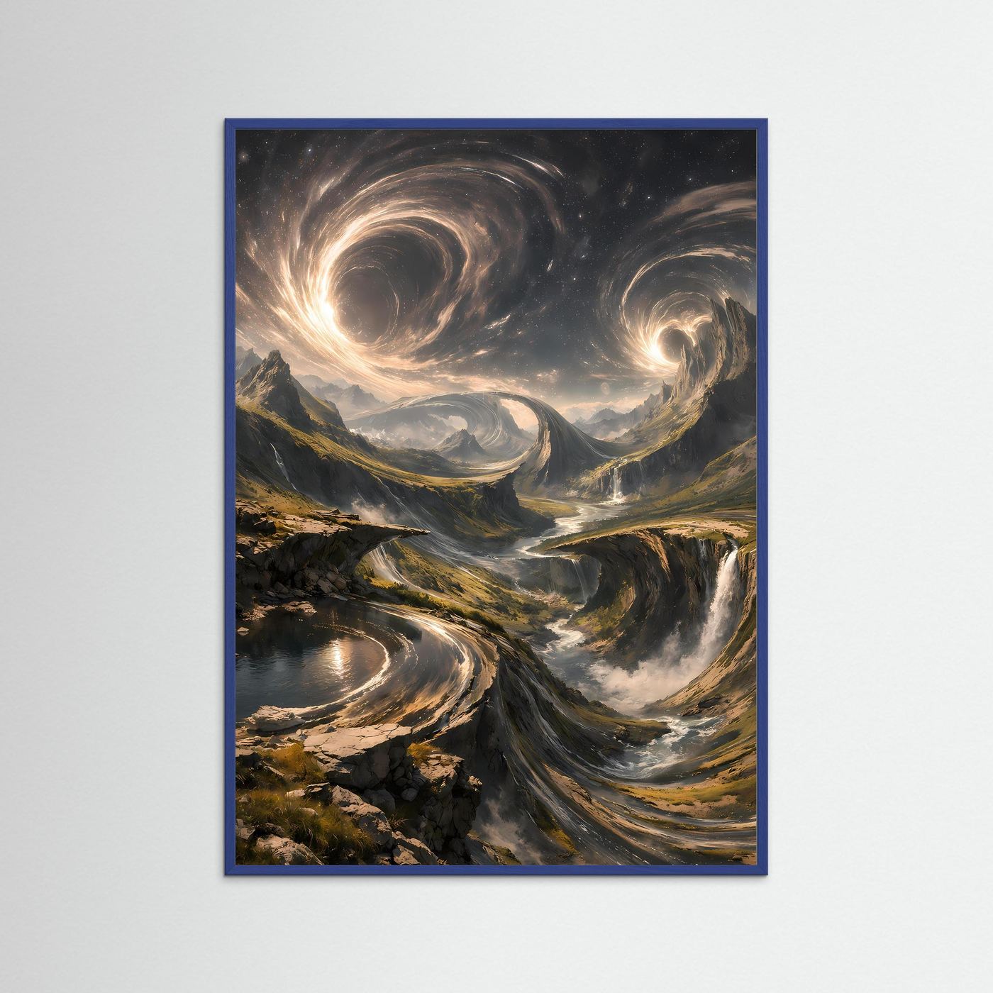 Fantasy-Kunstposter im blauem Rahmen: goldener Sternenwirbel über Bergtal mit Fluss