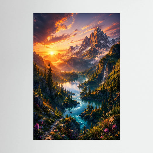 Hochformat-Poster mit Berglandschaft und türkisfarbenem Flusstal bei Sonnenaufgang