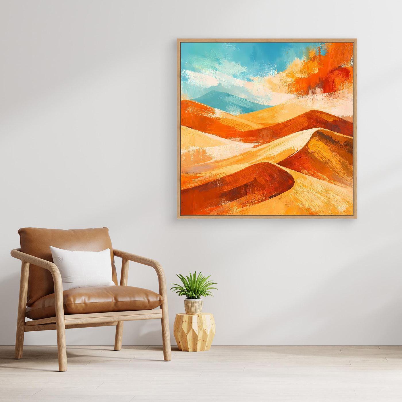 Abstract desert landscape canvas wall art with orange and gold dunes, in an oak frame