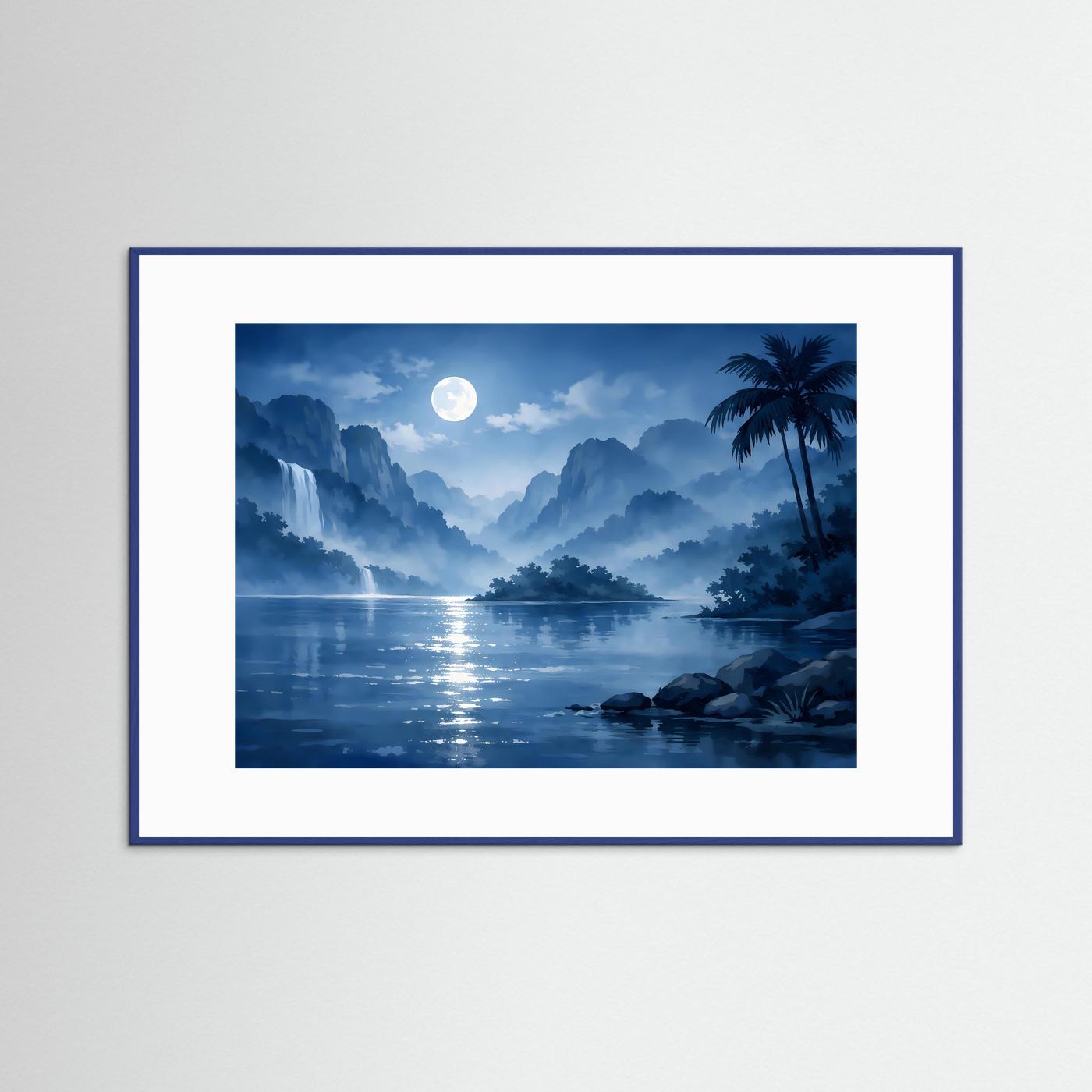 Gerahmtes Poster mit Mondlicht über Bergsee, Bergen, Wasserreflexen und Palmen