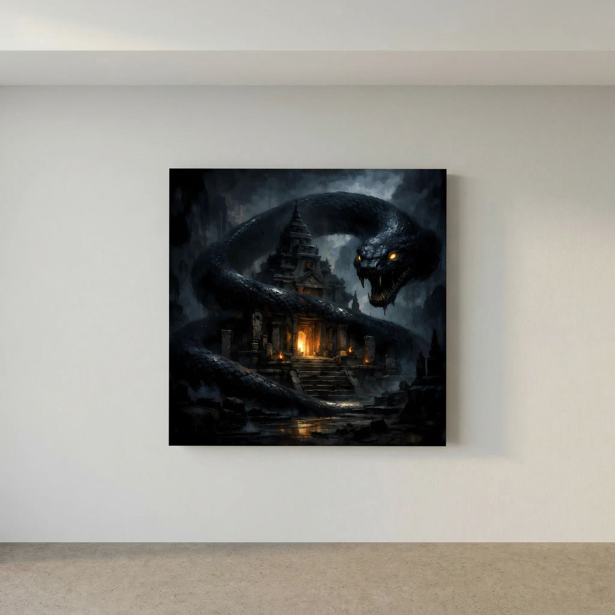 Leinwand-Wandbild mit riesiger Schlange über Treppe, dunkler Tempel im Hintergrund
