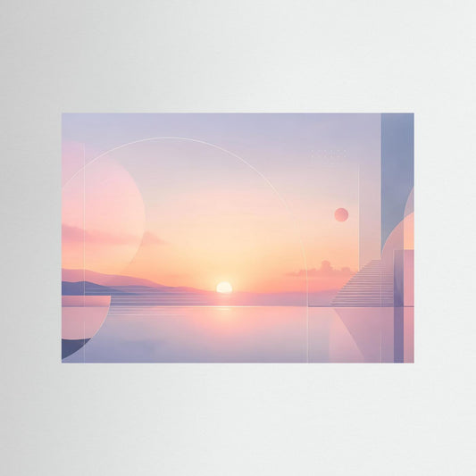 Querformat-Poster mit pastellfarbener abstrakter Sonnenlandschaft in Rosa und Blau