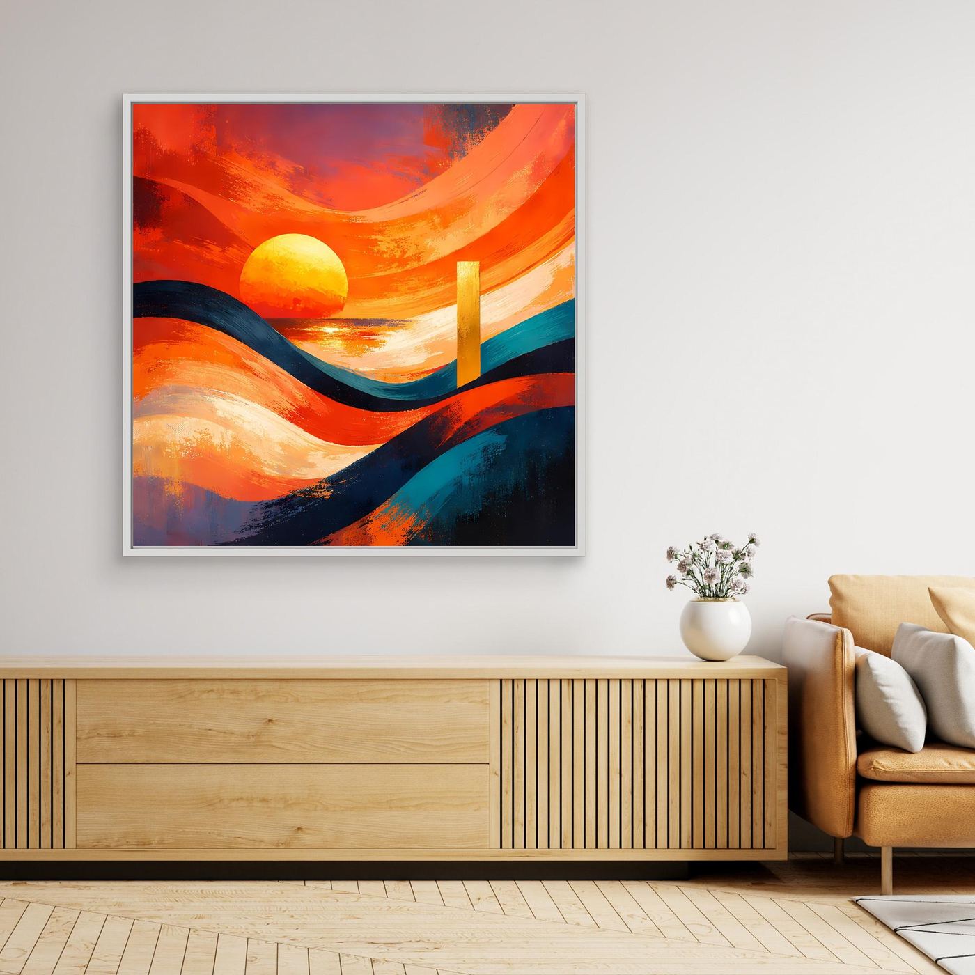 Gerahmtes Leinwandbild mit abstraktem Meer bei Sonnenuntergang im weißem Rahmen, orange und blau