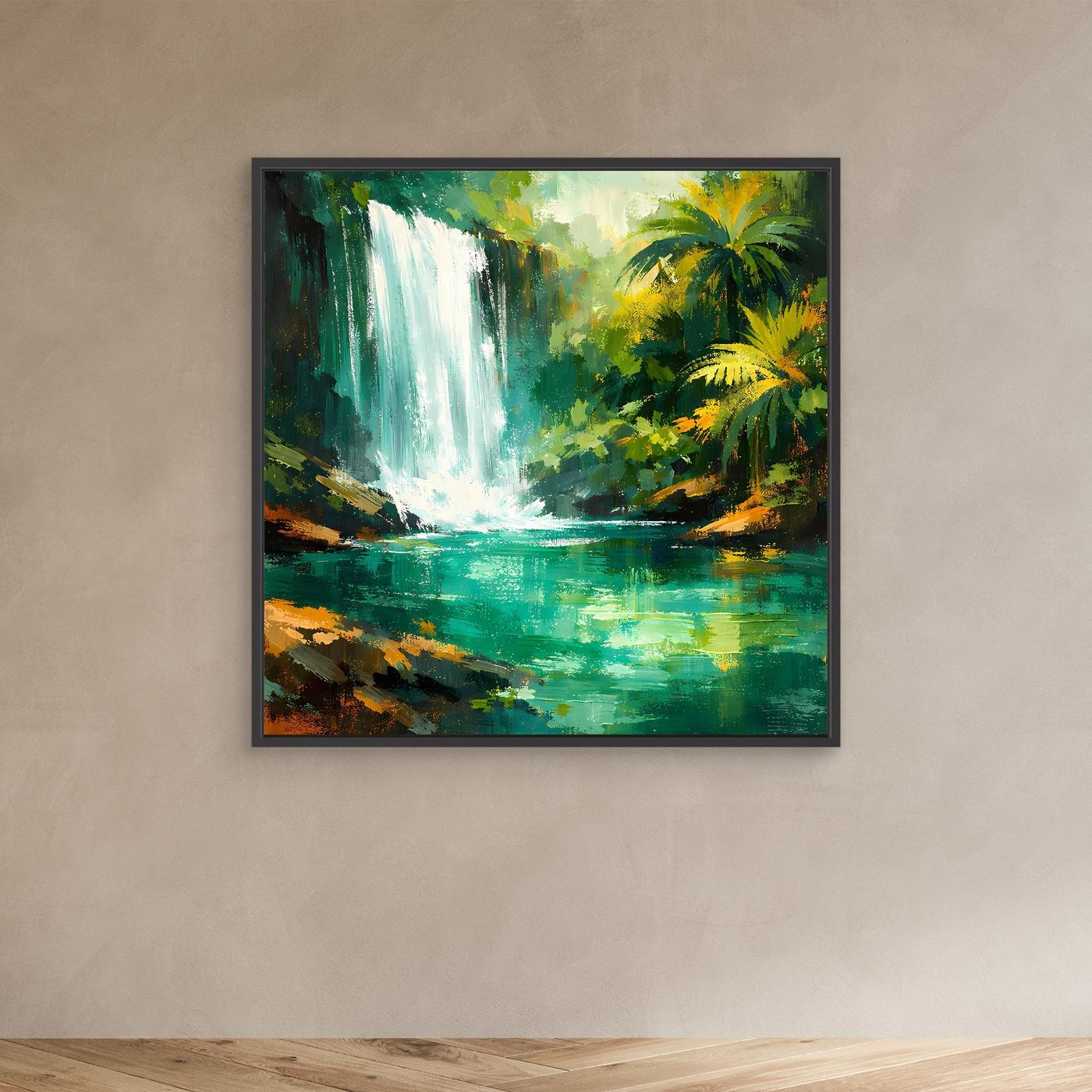 Leinwand Abstraktes Dschungel Wandbild mit Wasserfall | Modernes Natur Kunstwerk Grün