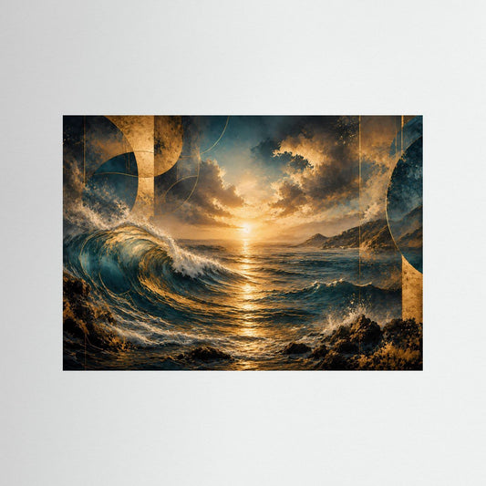 Abstraktes Meerposter im Querformat mit goldener Abendsonne und blauen Wellen