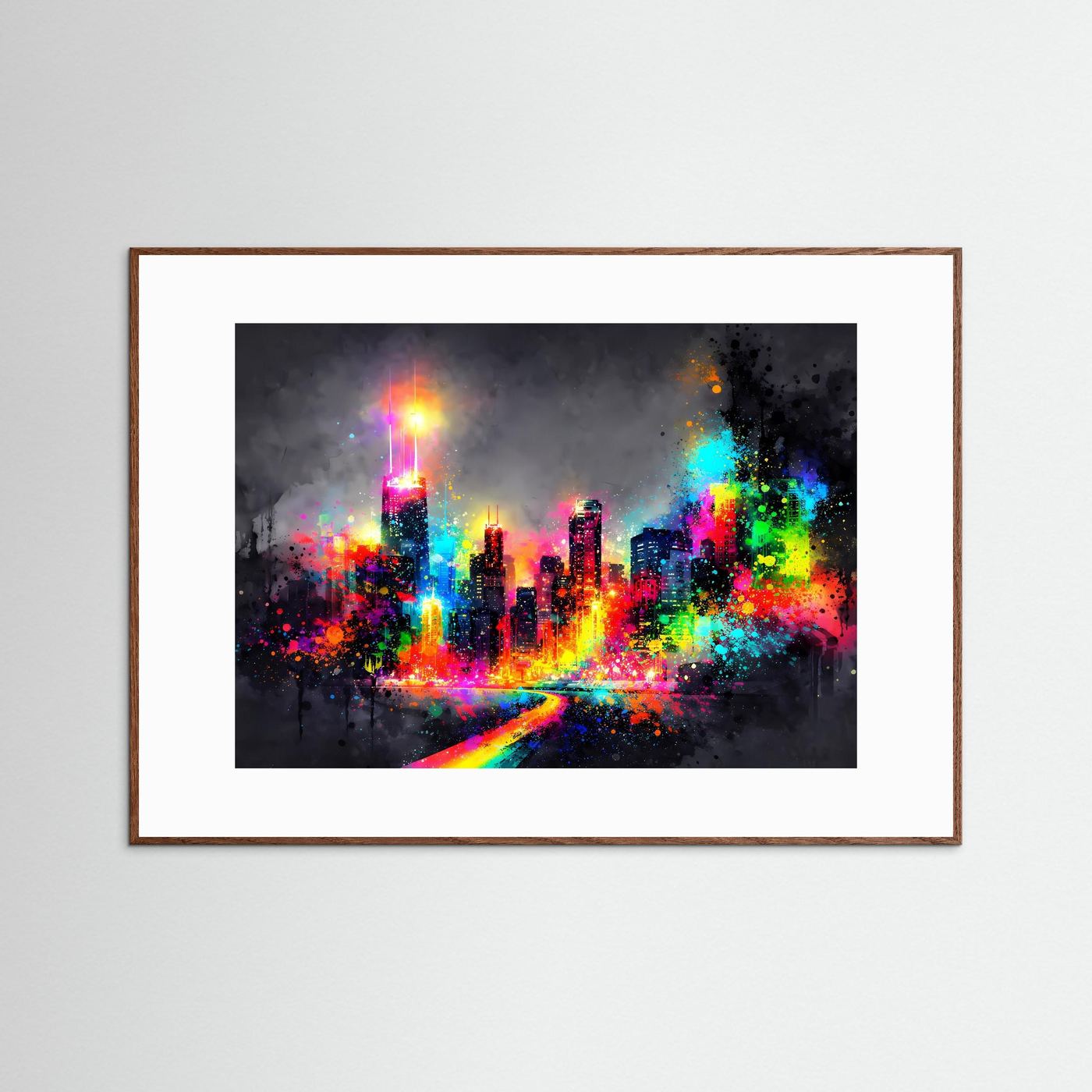 Abstrakte Chicago Skyline bei Nacht | Neon Pop Art & Bunte Wanddeko Querformat