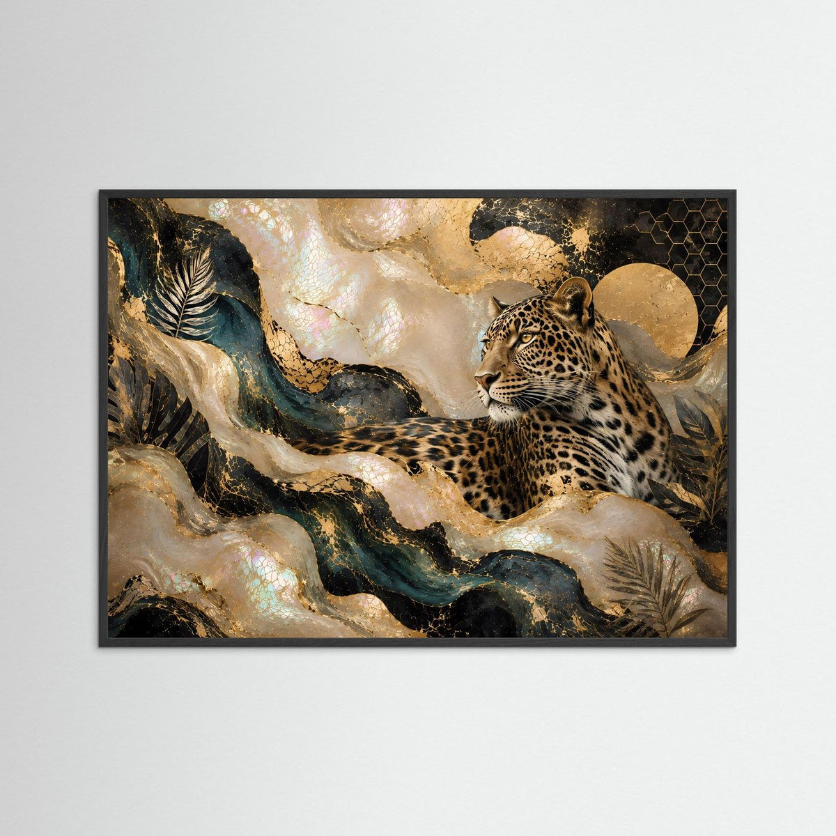 Leoparden-Poster im Querformat mit blauem Rahmen, abstrakte Tierkunst in Gold und Beige.