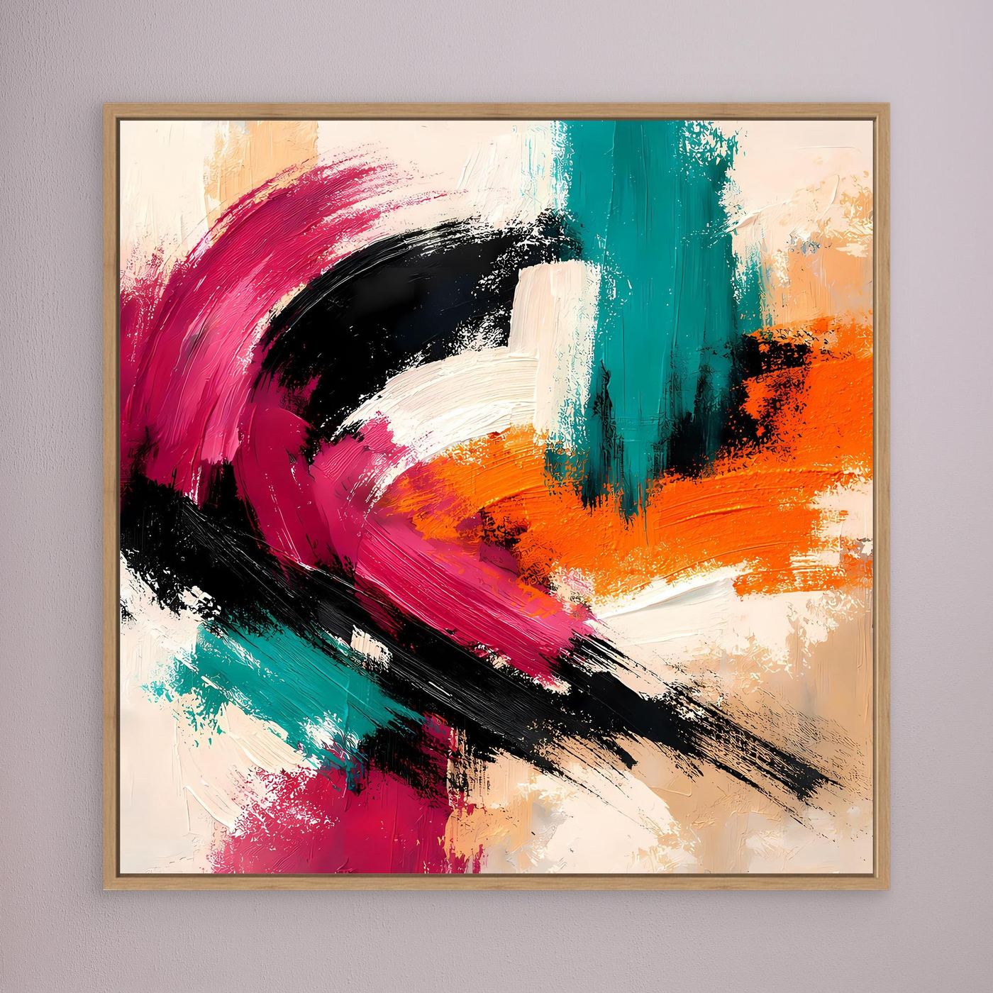 Wandbild mit abstrakten Pinselstrichen in Pink, Türkis und Orange, brauner Rahmen