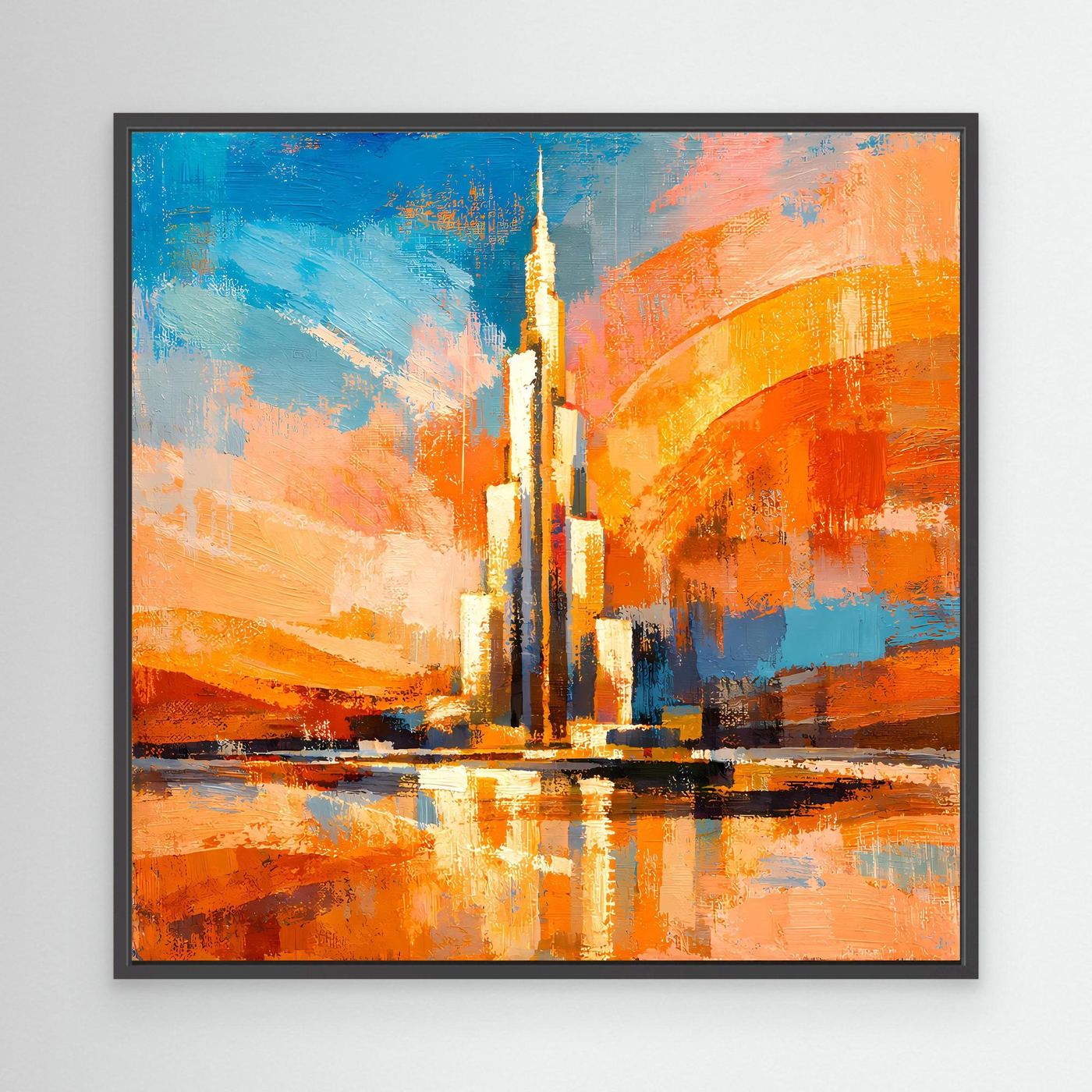 Abstraktes Leinwand-Wandbild mit Turm und Spiegelung, blau-orange, schwarzer Rahmen