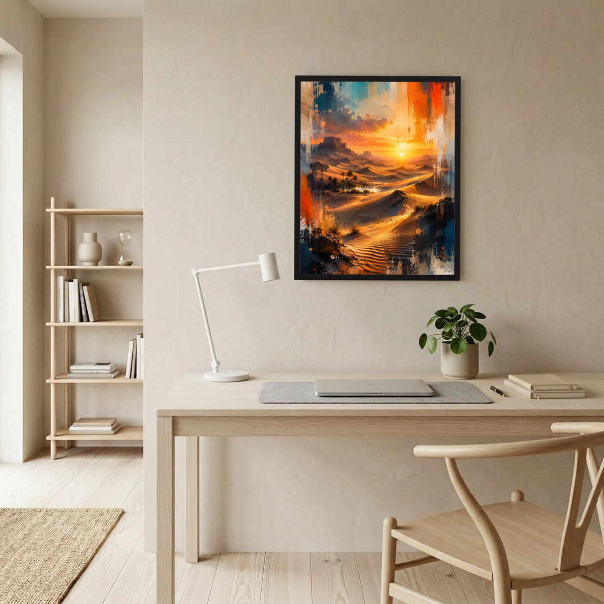 Wandposter im Hochformat mit orange-blauem Sonnenuntergangs-Motiv und Dünenlinien