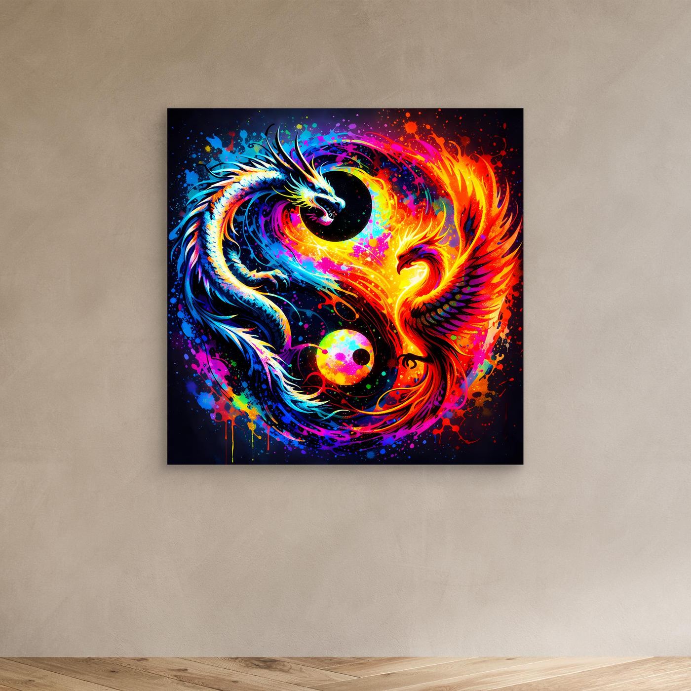 Leinwandbild mit Drache-und-Phönix-Yin-Yang-Motiv, bunt, ohne sichtbaren Rahmen