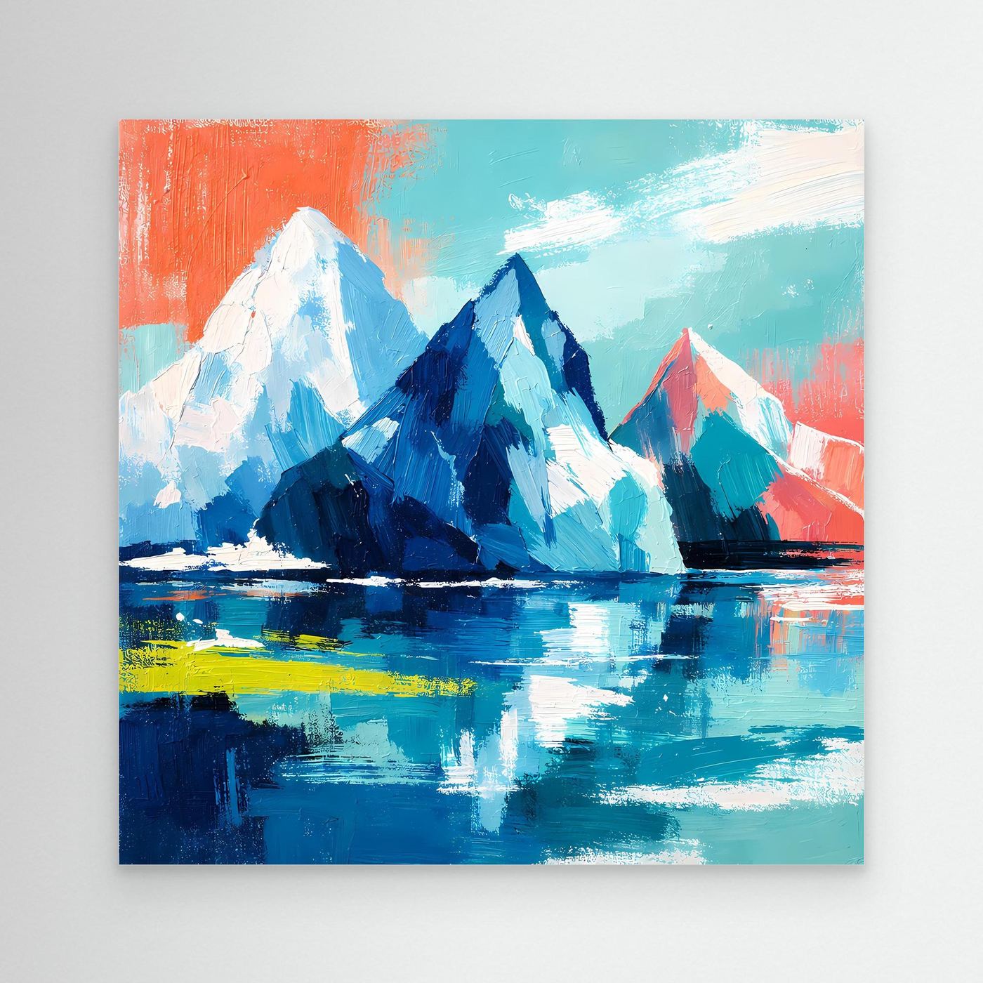 Abstract mountain and sea wall art canvas with colorful ice peaks and reflections
