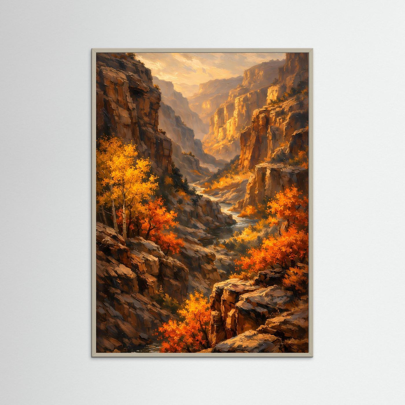 Poster im hellen Rahmen: Herbst-Schlucht mit orangefarbenem Flusslauf und Felsen