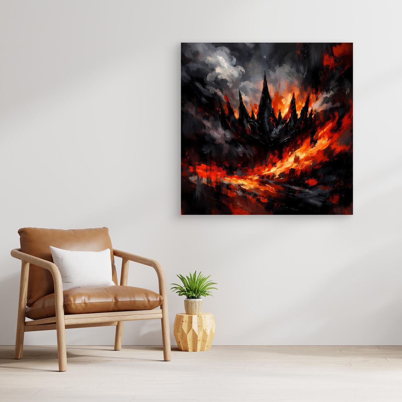 Abstraktes Leinwand-Wandbild mit Feuerflammen und dunklem Rauch