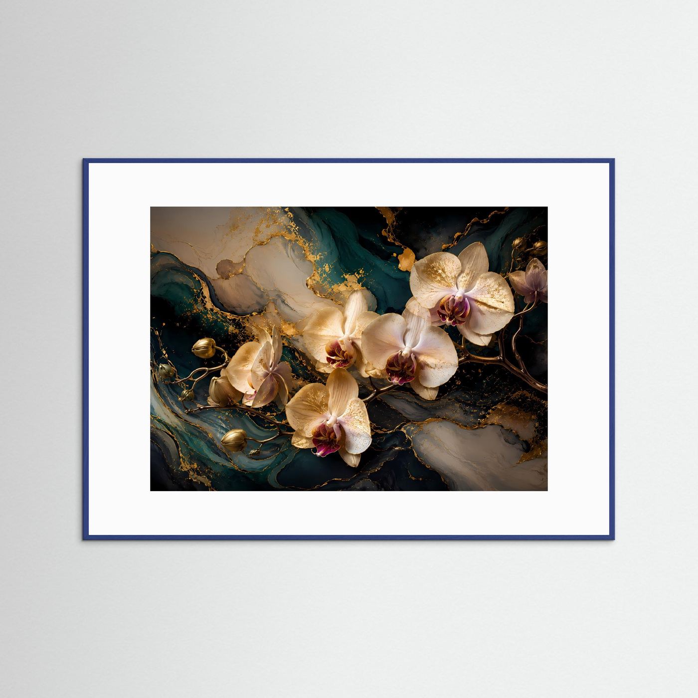 Orchideen-Poster im Querformat mit marmoriertem Hintergrund, blauer Holzrahmen