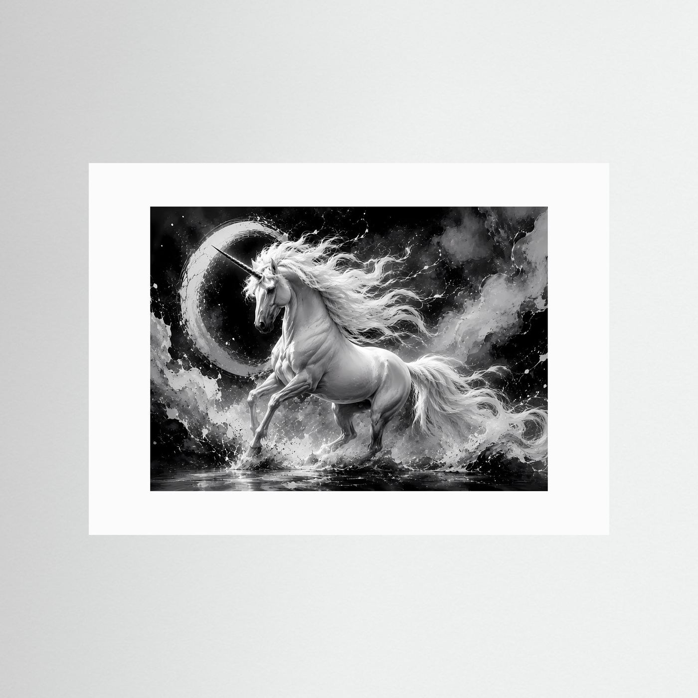 Einhorn Schwarz Weiß Poster Querformat | Mystische Fantasy Wandkunst | Monochrome Elegante Leinwandkunst