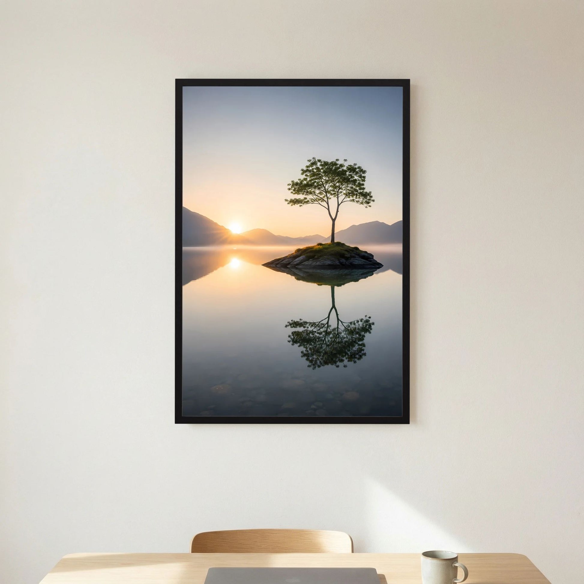 Hochformat-Poster mit einsamem Baum auf kleiner Insel im Sonnenaufgang, schwarzer Rahmen.