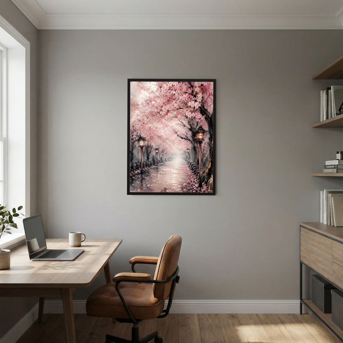 Poster im schwarzen Rahmen mit rosa Sakura-Blütenallee und Laternen im Hochformat