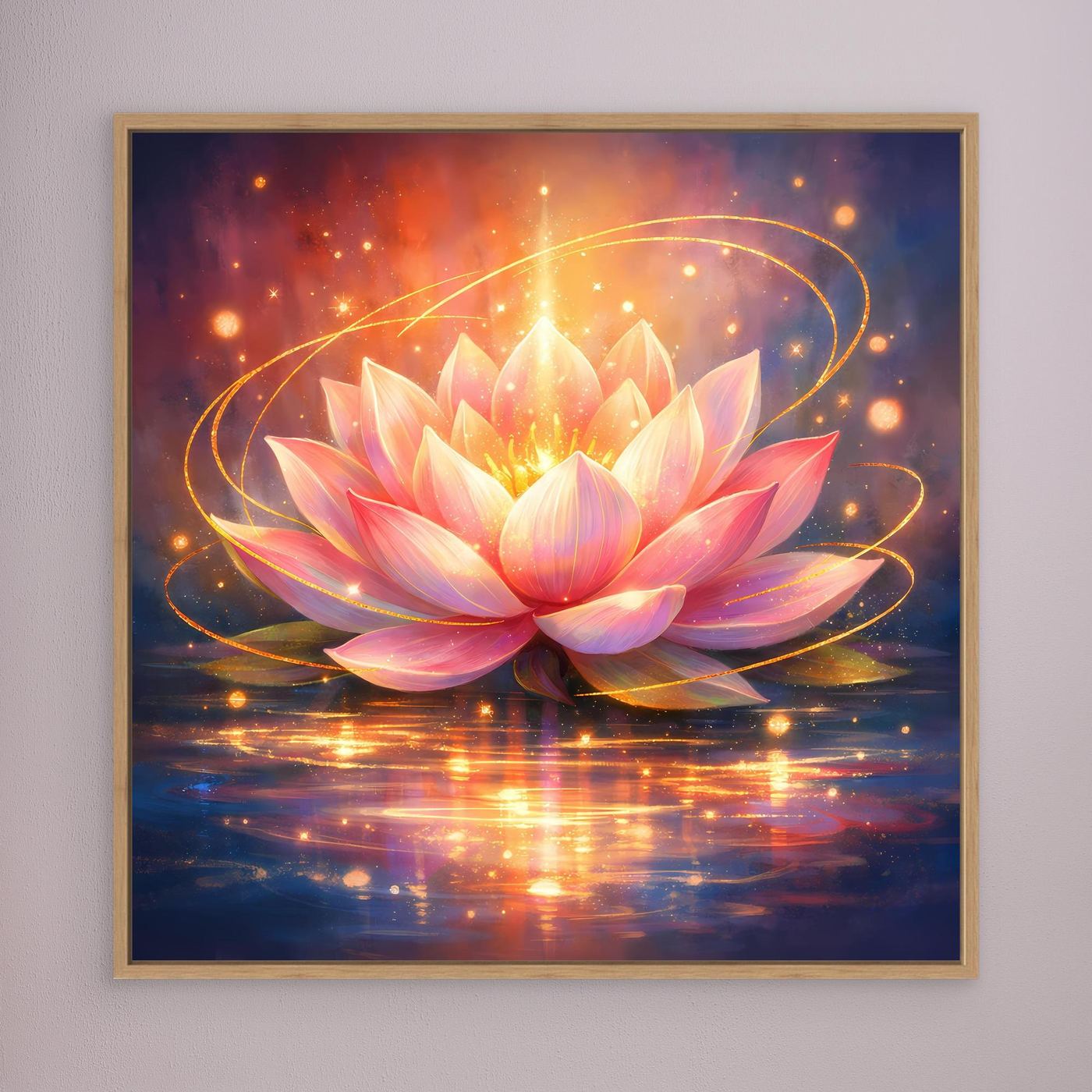 Gerahmtes Leinwandbild mit leuchtender Lotusblüte in Rosa und Gold, mit braunem Rahmen