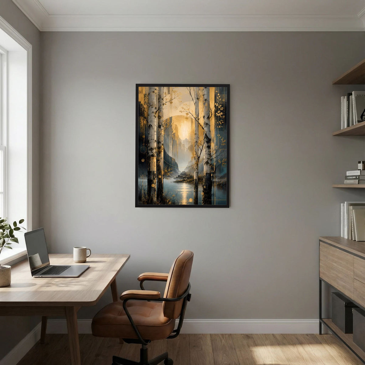 Gerahmter Poster im Hochformat: abstrakter Birkenwald mit goldener Mitte und Petrol-Akzenten