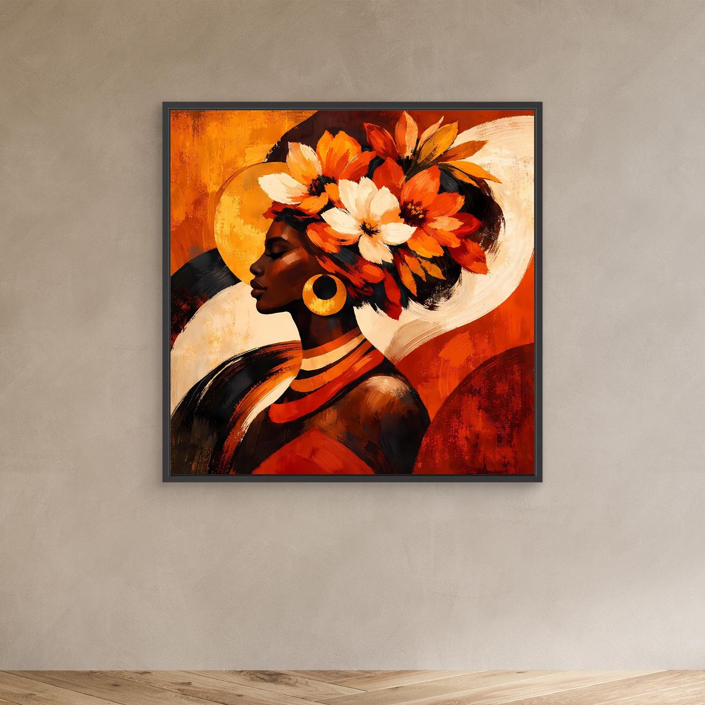 Leinwandbild mit Porträt einer Frau im Profil, orange-weißer Blumenkranz, mit schwarzem Rahmen