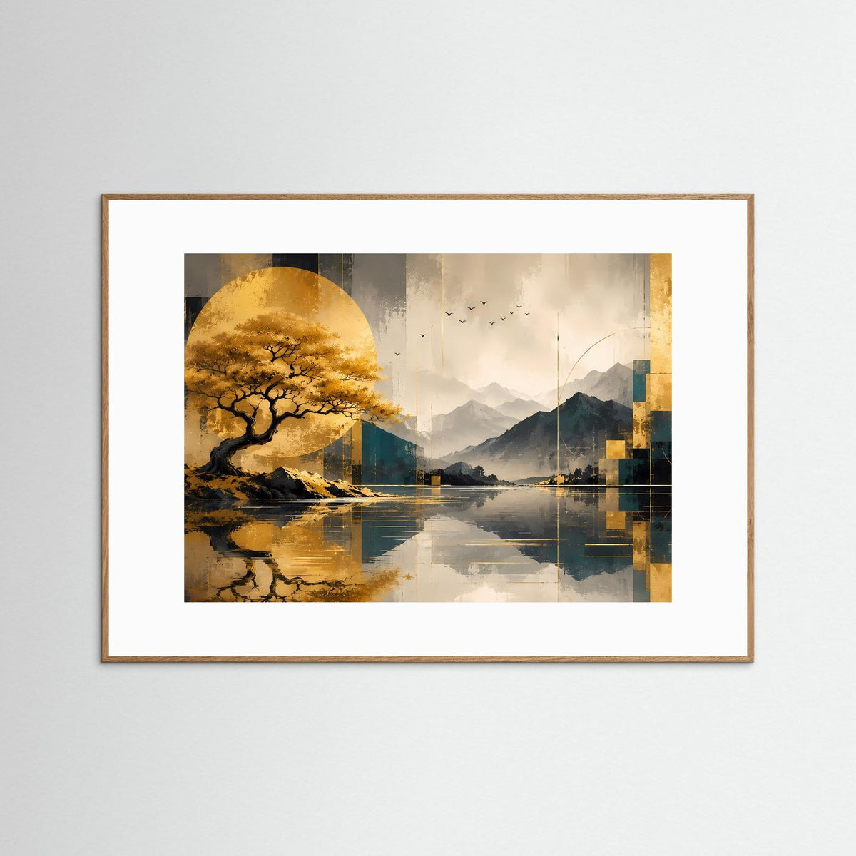 Gerahmter Kunstdruck mit goldenem Baum über Bergsee, goldene Akzente auf braunem Rahmen