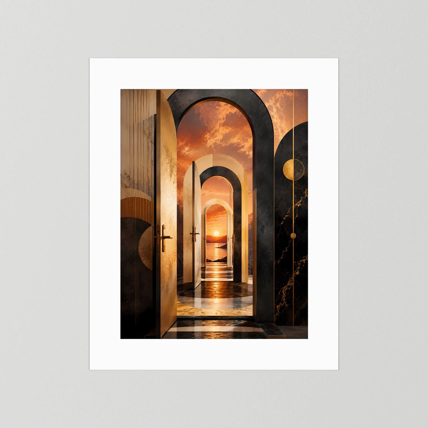 Hochformat-Poster mit surreale Architektur im Korridor, Schwarz/Creme, weißer Rand