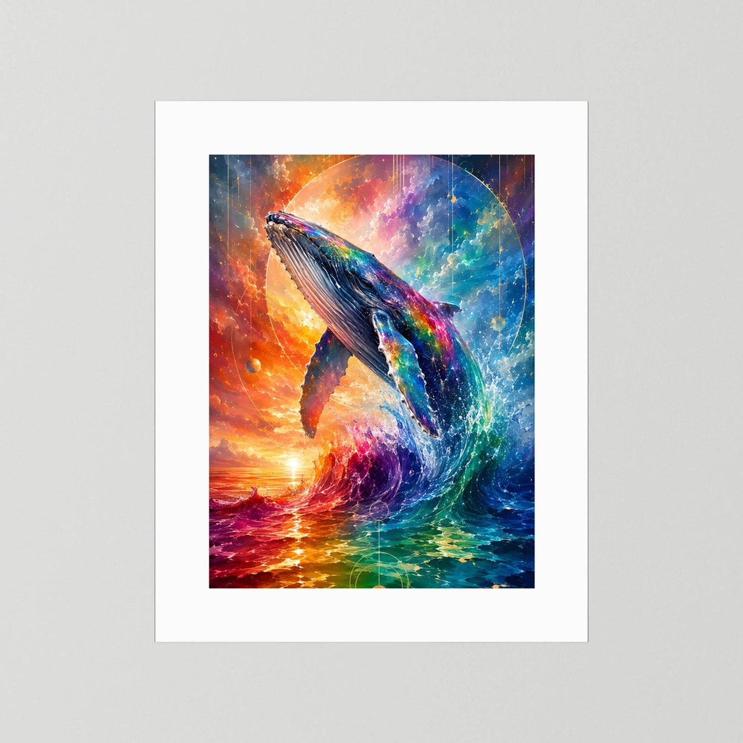 Poster im Hochformat mit Wal und regenbogenfarbenem Ozean, ohne Rahmen