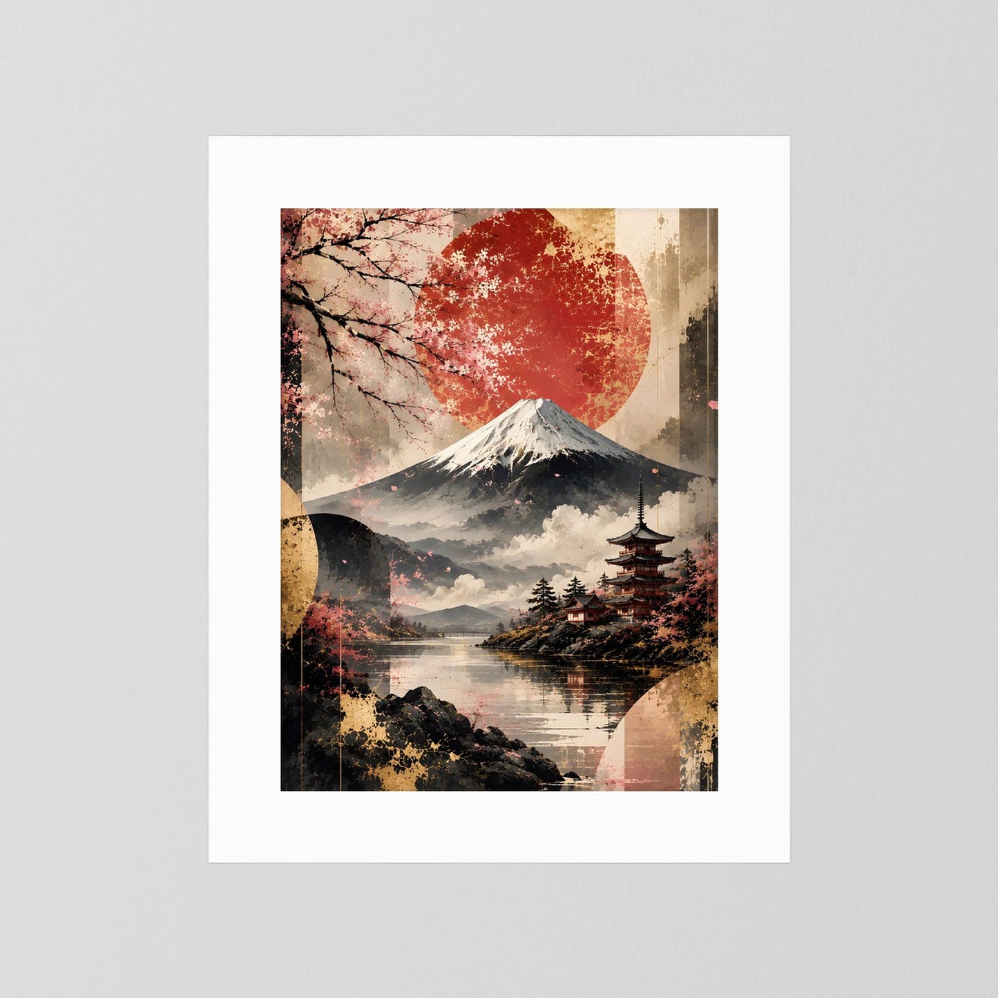 Hochformatiges Poster mit Fuji und roter Sonne, japanische Landschaft mit weißem Passepartout