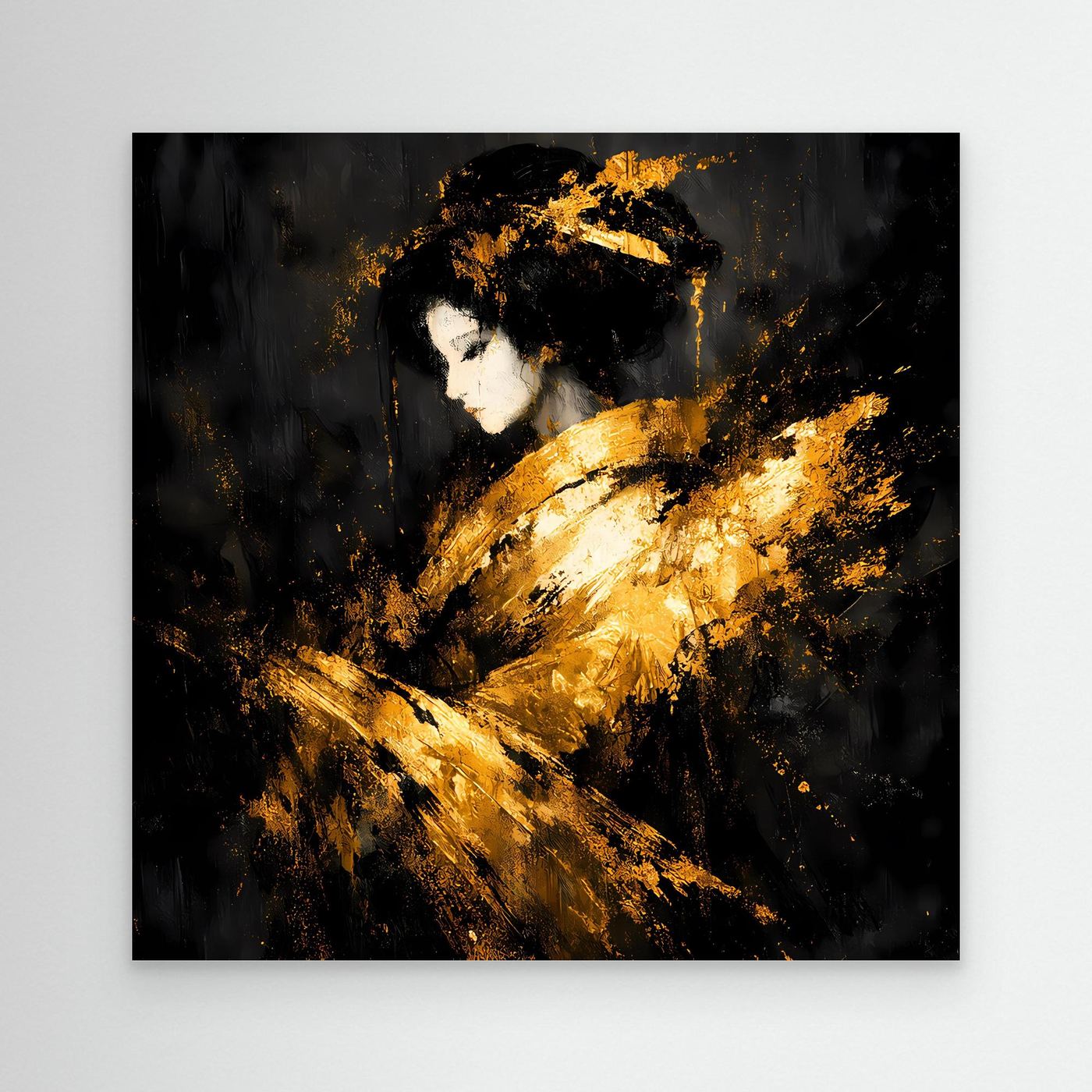 Leinwand Elegante Goldene Geisha | Abstraktes Asiatisches Wandbild