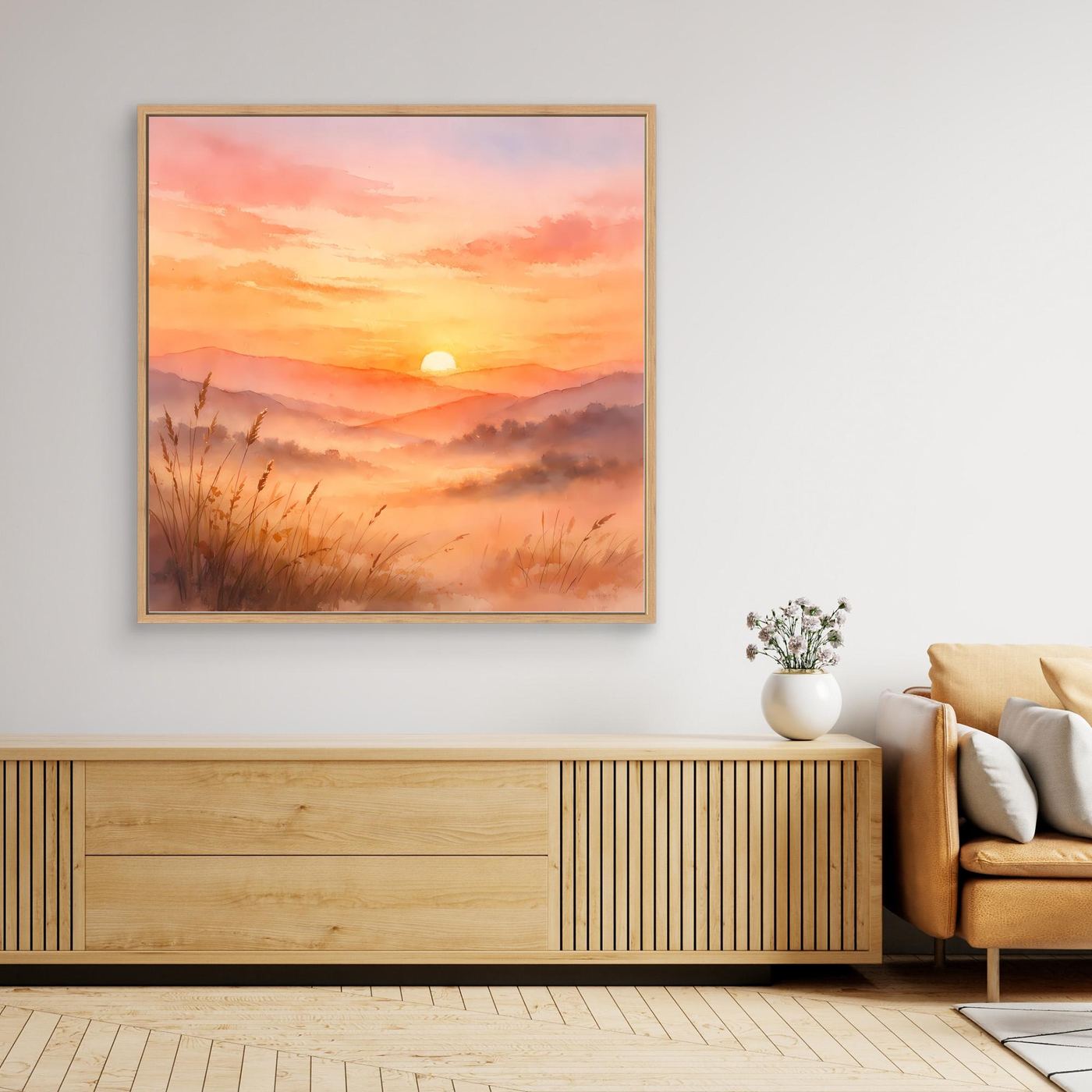 Leinwandbild mit goldfarbenem Holzrahmen, warmes Aquarell Sonnenuntergang über Bergen