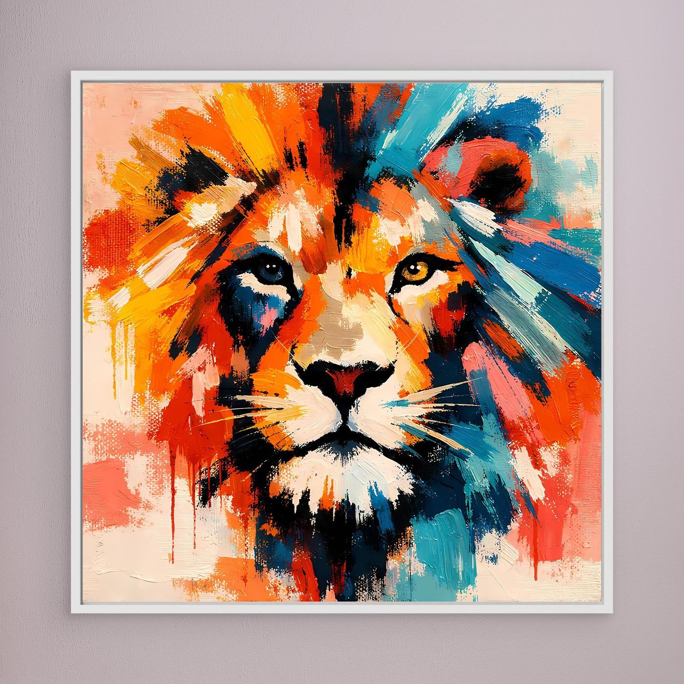 Abstraktes Löwenkopf-Wandbild im Pop-Art-Stil, farbenfrohes Motiv im weißen Rahmen